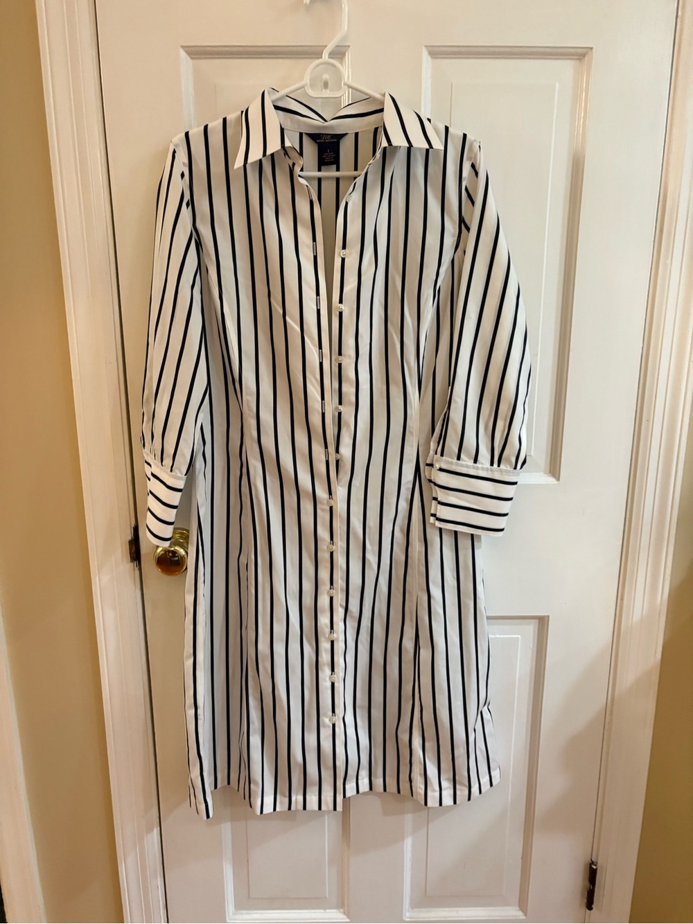 Brooks Brothers White and Black Vertical-Stripe Midi Shirt Dress